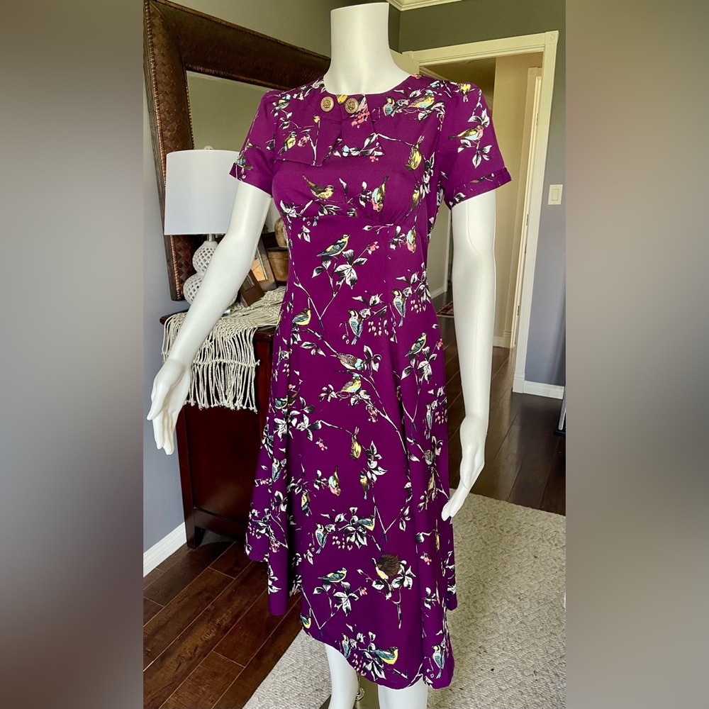 Hell Bunny Aubergine Birdy Dress Size Small - Picture 7 of 17